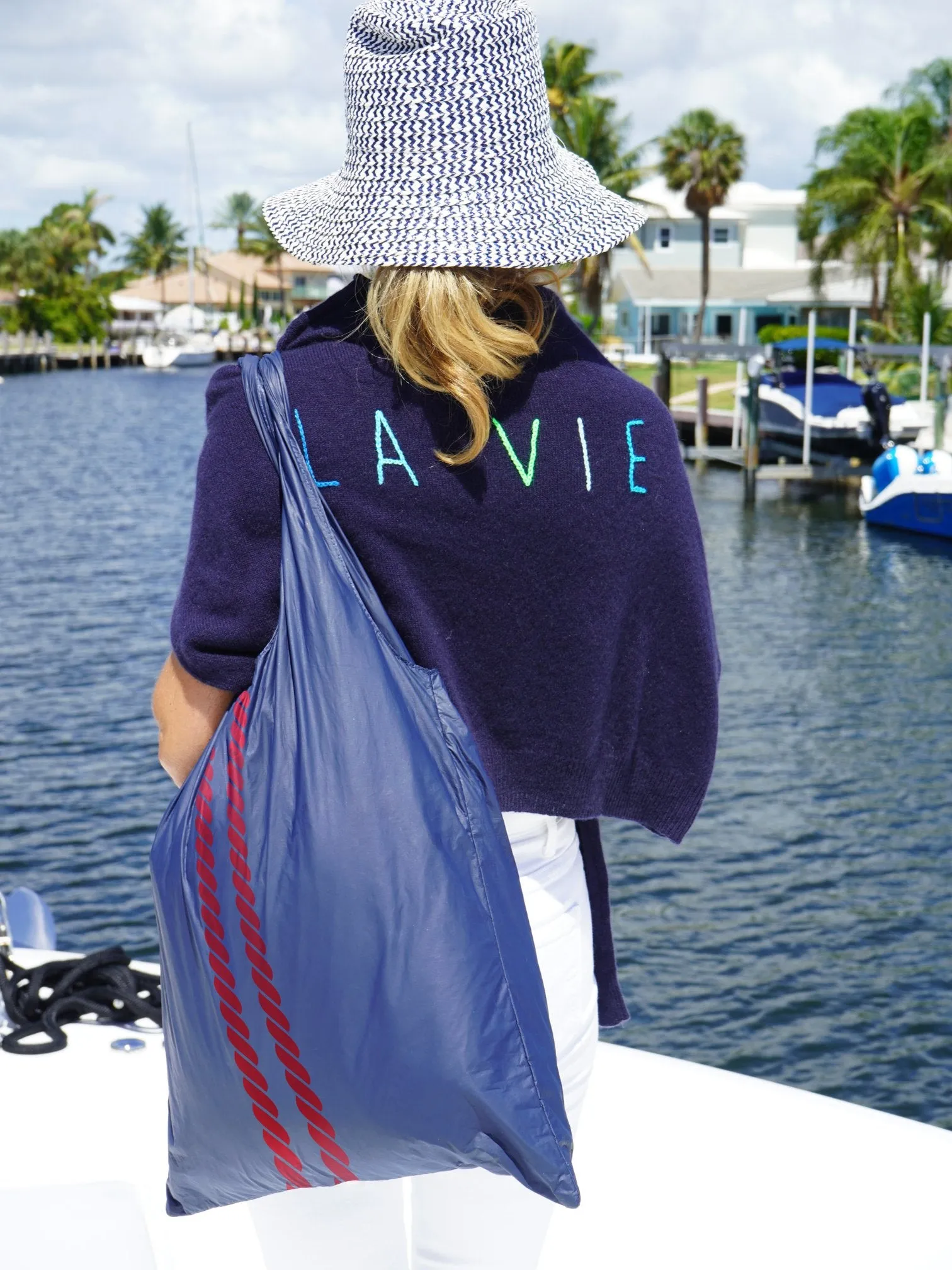 Carryall Tote Bag with Pocket in Nautical Rope Stripes in Matte Navy and Red