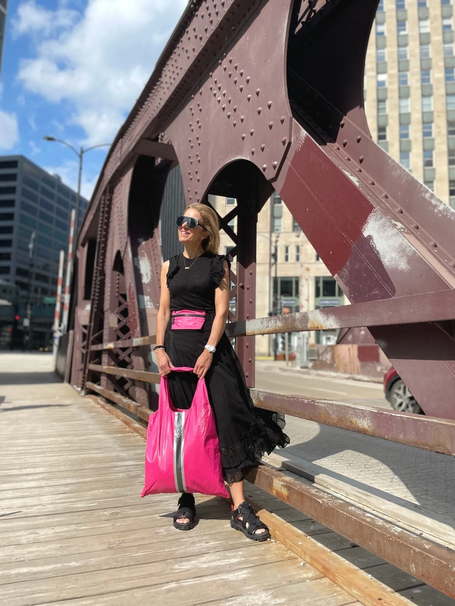 Carryall Tote Bag with Pocket in Paradise Pink with Black and Silver Stripes