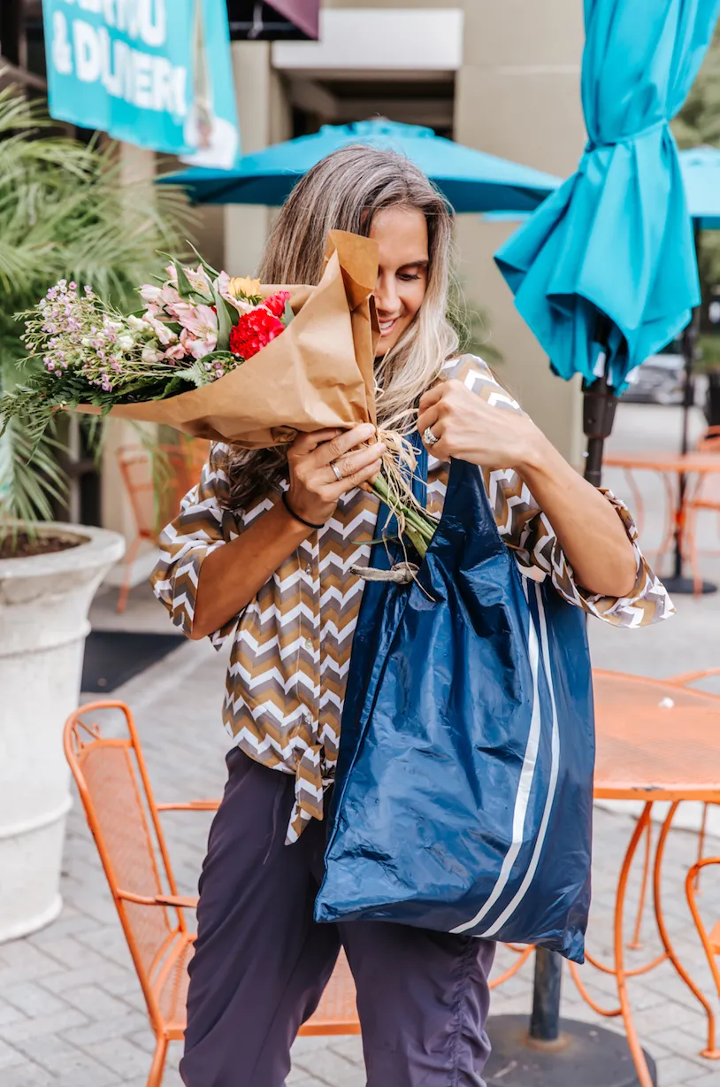 Carryall Tote Bag with Pocket in Shimmer Navy Blue with Silver Stripes