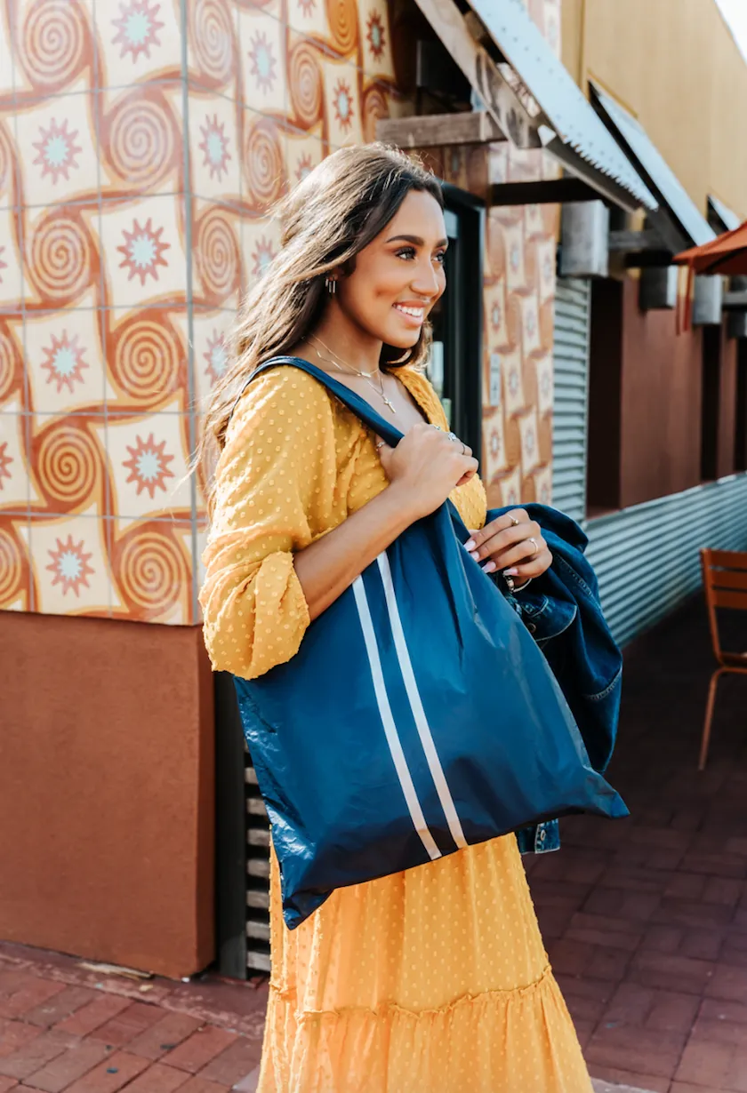 Carryall Tote Bag with Pocket in Shimmer Navy Blue with Silver Stripes