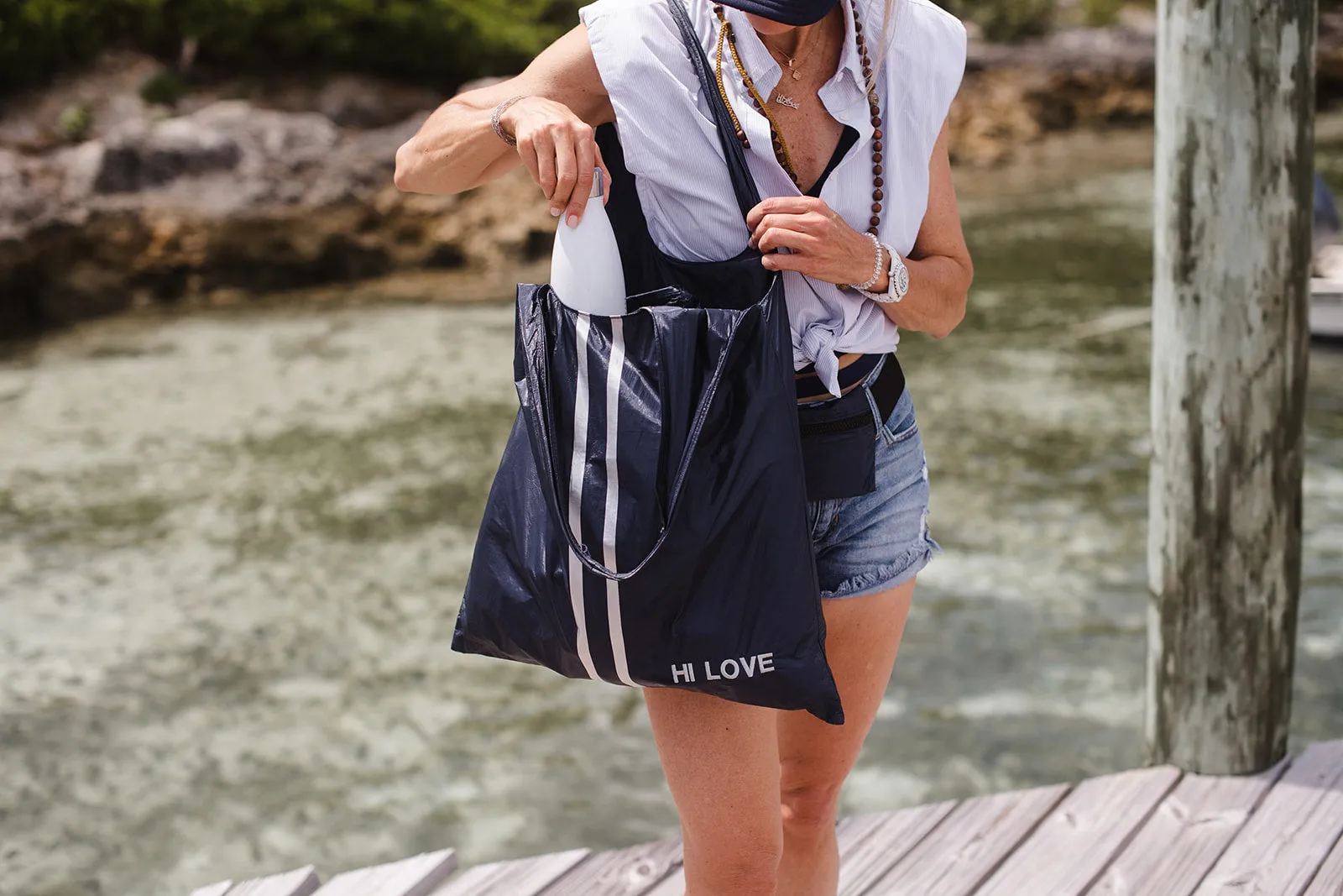 Carryall Tote Bag with Pocket in Shimmer Navy Blue with Silver Stripes