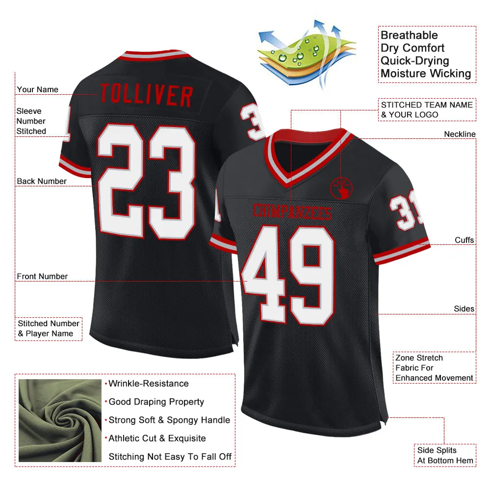 Custom Black Gray-Red Mesh Authentic Throwback Football Jersey