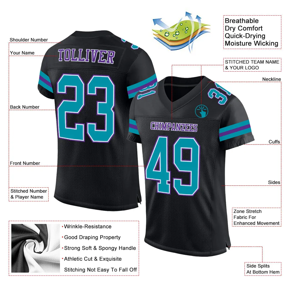 Custom Black Teal-Purple Mesh Authentic Football Jersey