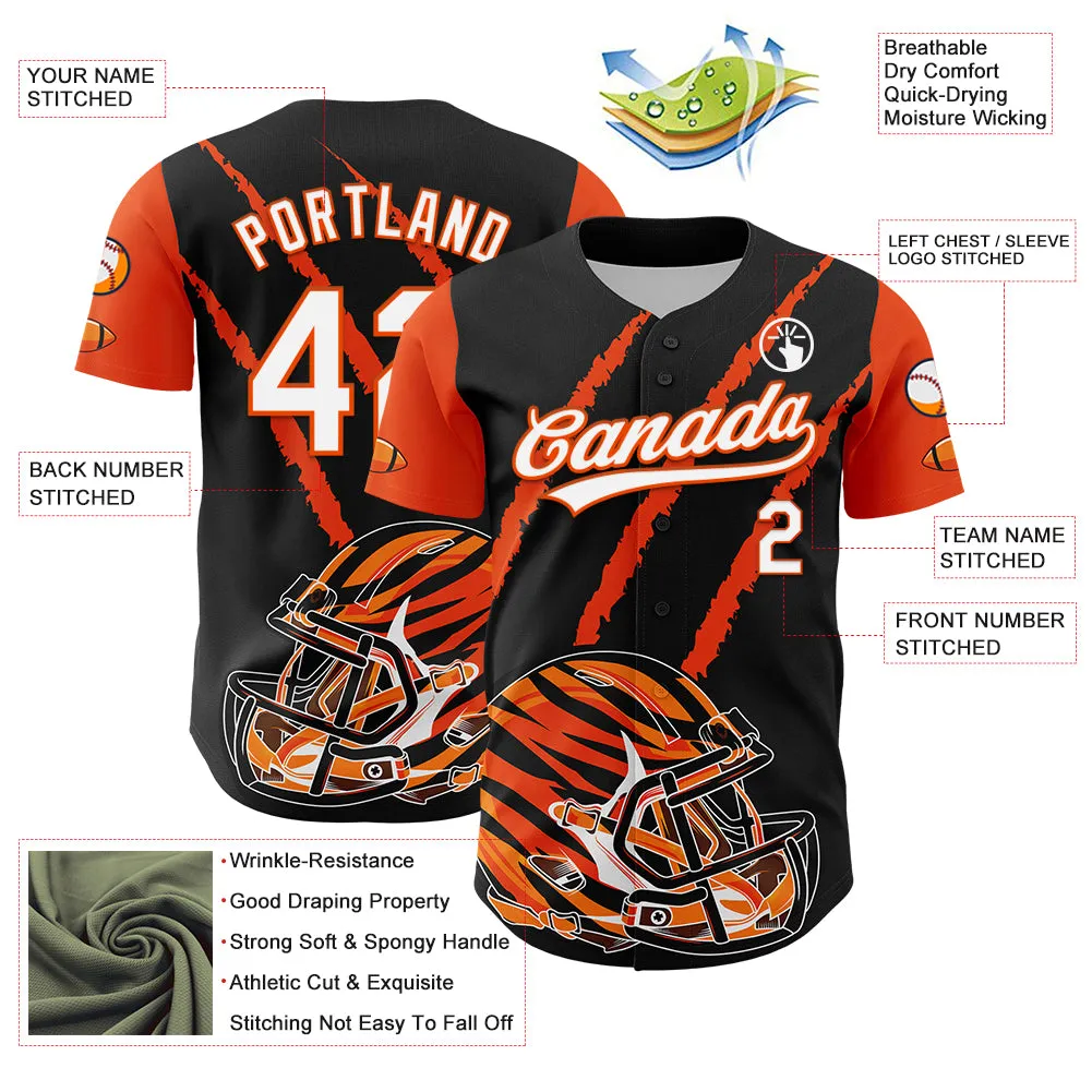 Custom Black White-Orange 3D Pattern Design Football Helmet And Animal Claw Authentic Baseball Jersey