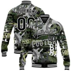 Custom Camo Black-White Football 3D Pattern Design Bomber Full-Snap Varsity Letterman Salute To Service Jacket