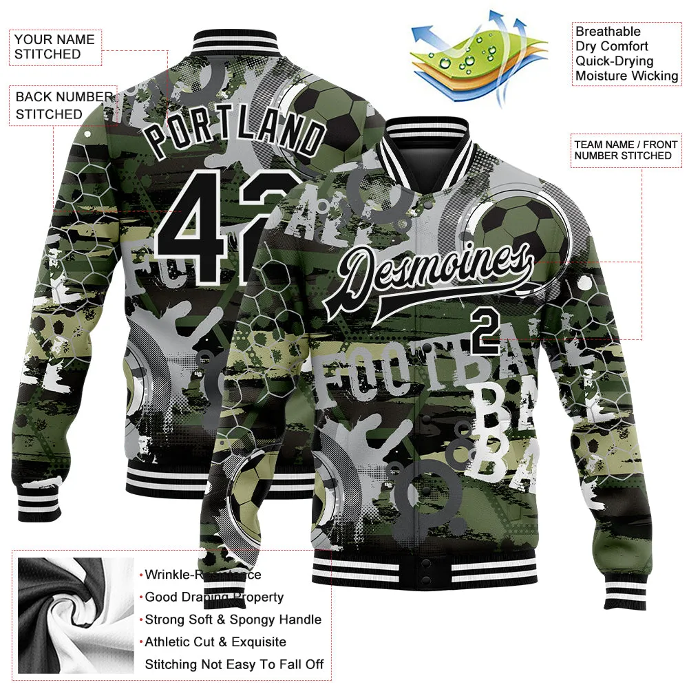 Custom Camo Black-White Football 3D Pattern Design Bomber Full-Snap Varsity Letterman Salute To Service Jacket