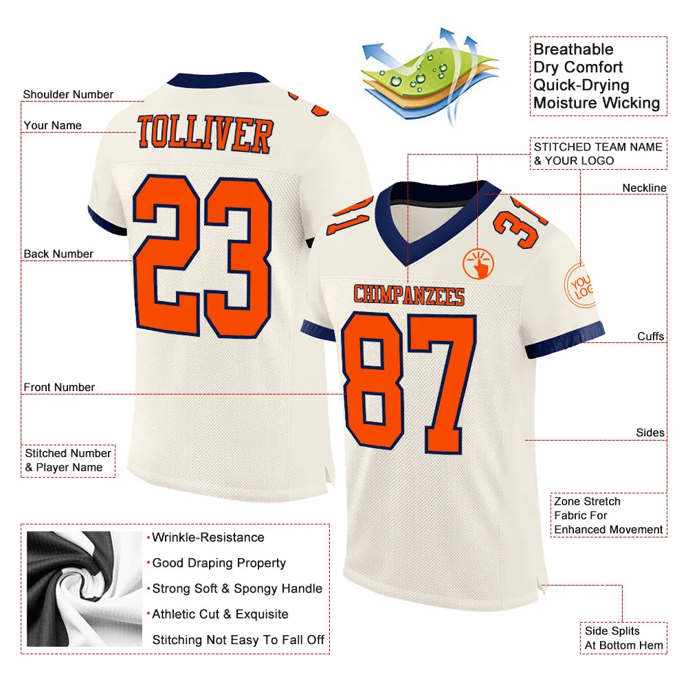 Custom Cream Orange-Navy Mesh Authentic Football Jersey