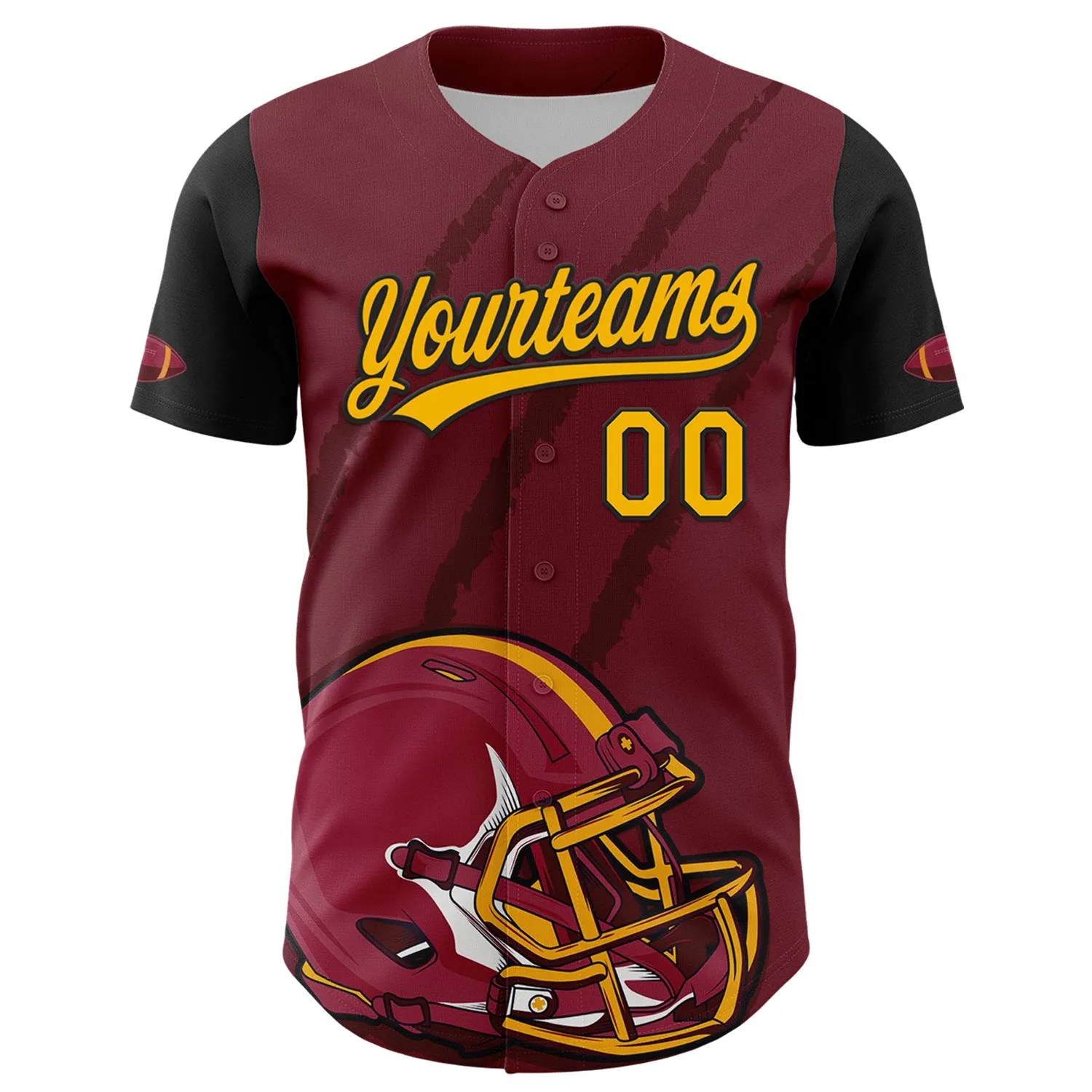 Custom Crimson Gold-Black 3D Pattern Design Football Helmet And Animal Claw Authentic Baseball Jersey