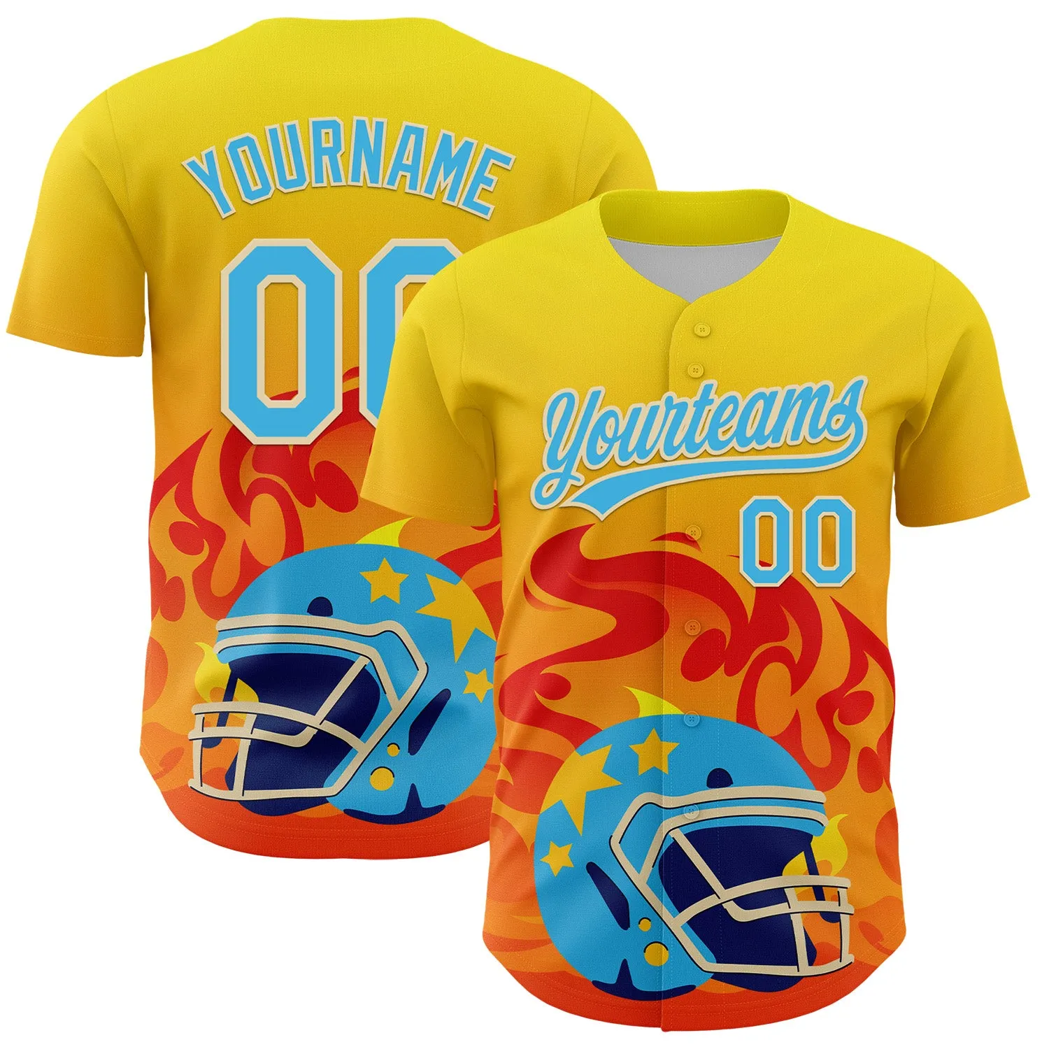 Custom Light Yellow Sky Blue Orange-Cream 3D Pattern Design Flame Football Helmet Authentic Baseball Jersey