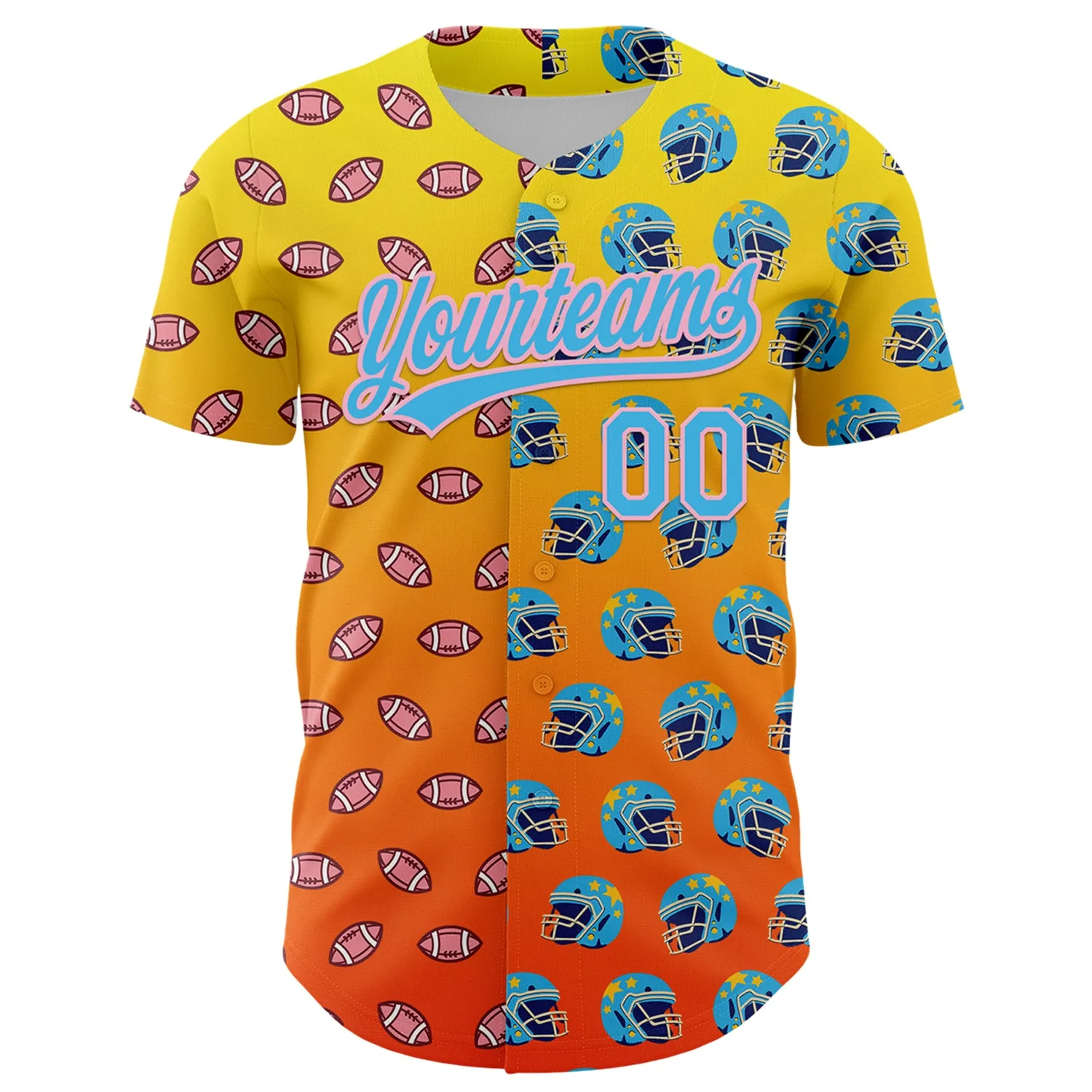 Custom Light Yellow Sky Blue Orange-Medium Pink 3D Pattern Design Football Helmet And Football Elements Authentic Baseball Jersey