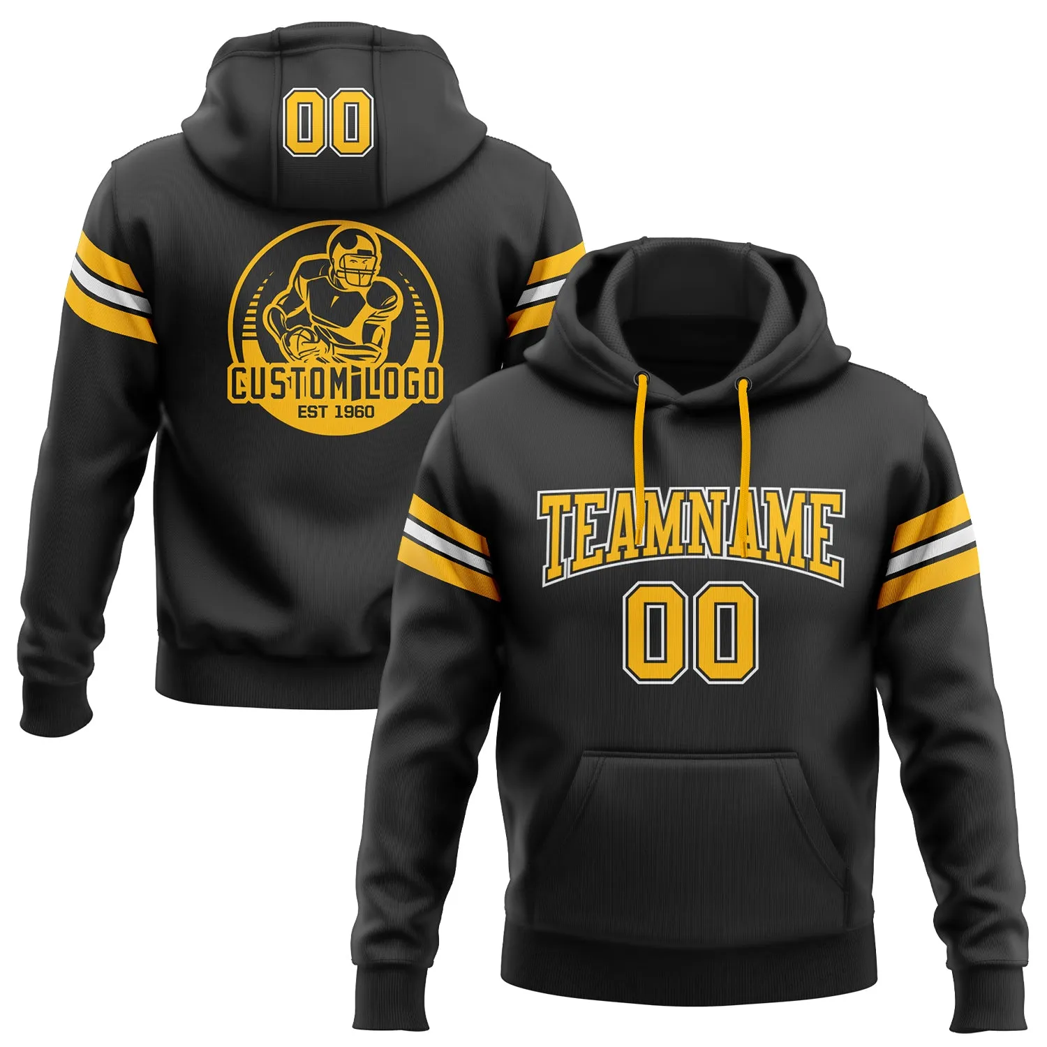 Custom Stitched Black Gold-White Football Pullover Sweatshirt Hoodie