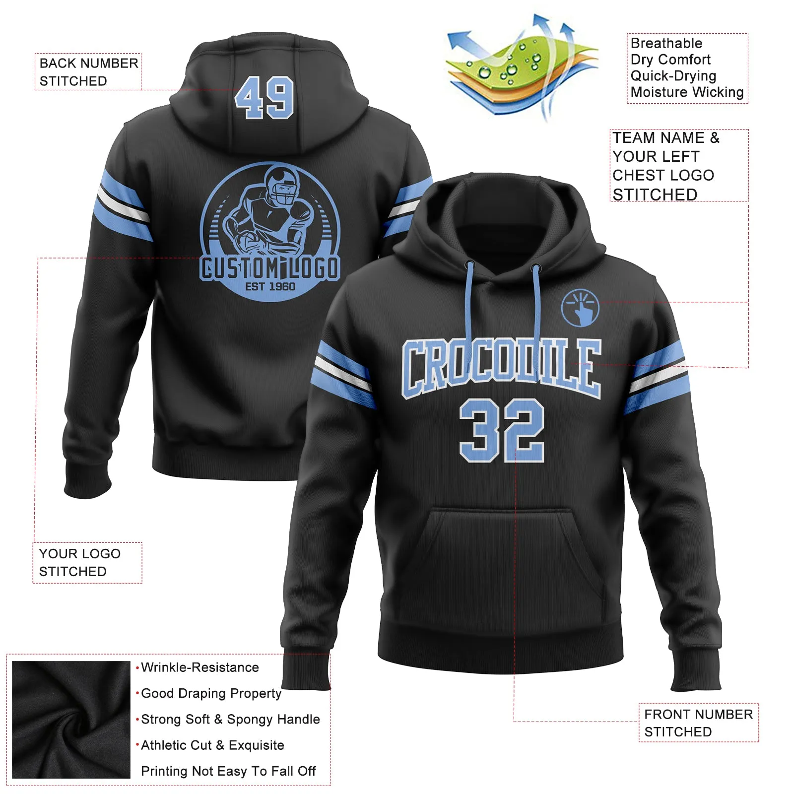 Custom Stitched Black Light Blue-White Football Pullover Sweatshirt Hoodie