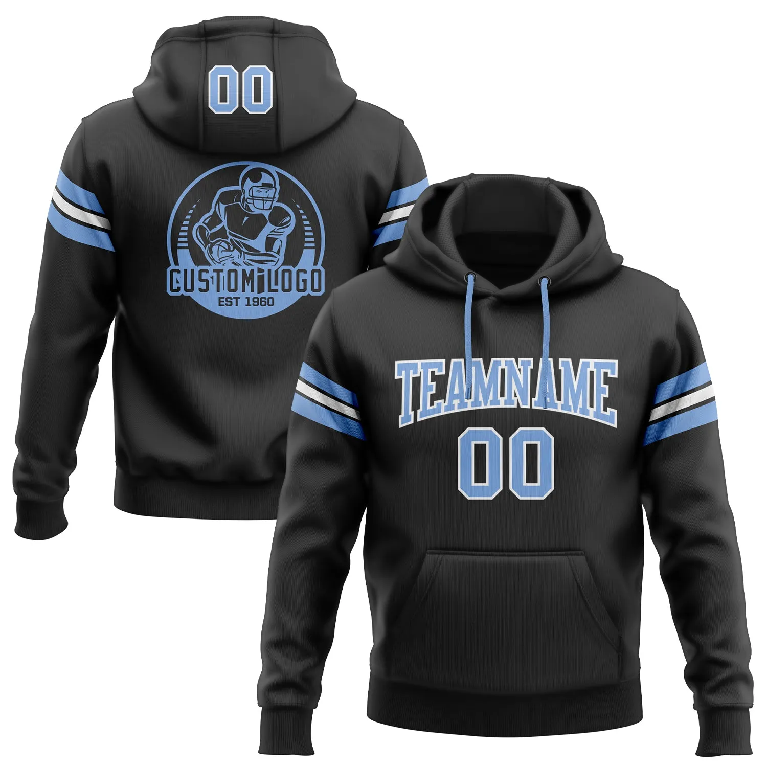 Custom Stitched Black Light Blue-White Football Pullover Sweatshirt Hoodie