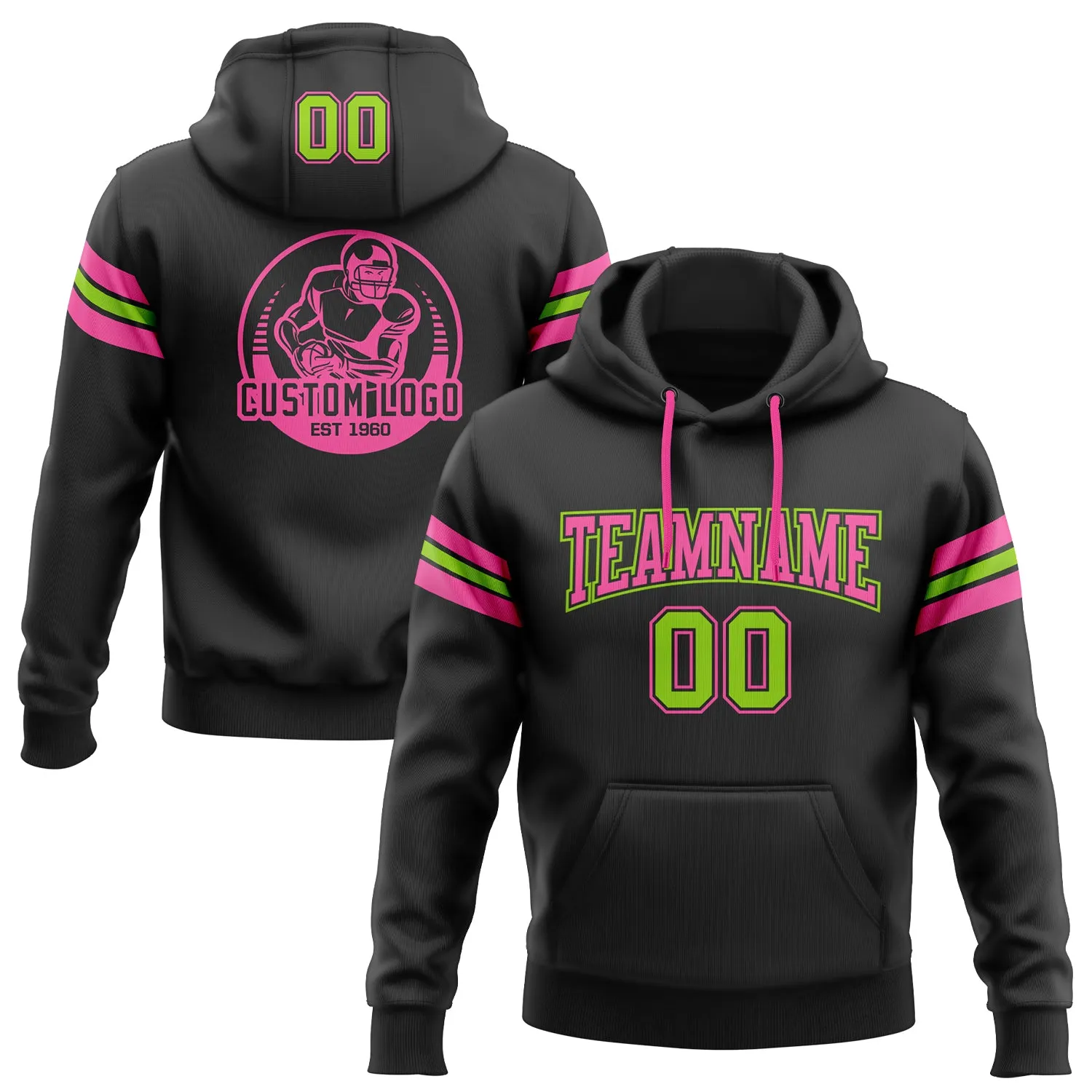 Custom Stitched Black Neon Green-Pink Football Pullover Sweatshirt Hoodie