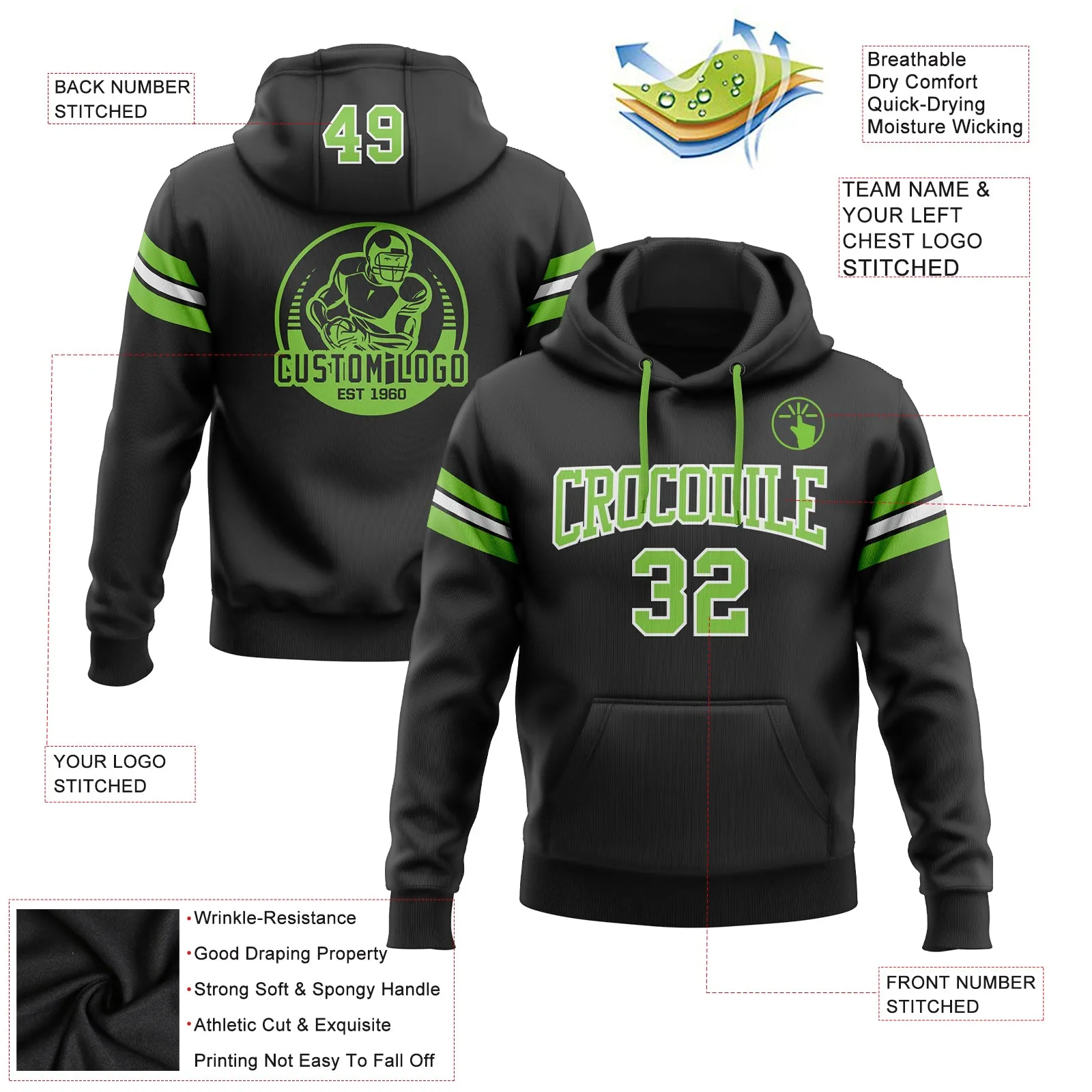 Custom Stitched Black Neon Green-White Football Pullover Sweatshirt Hoodie