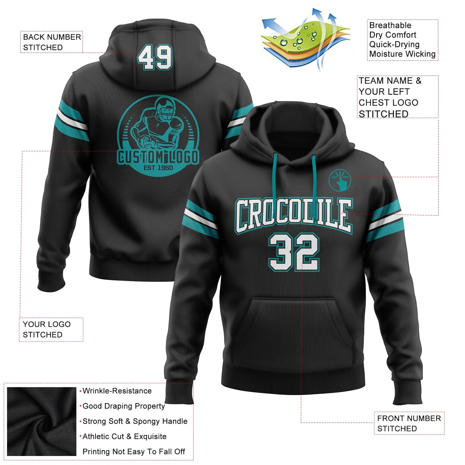 Custom Stitched Black White-Aqua Football Pullover Sweatshirt Hoodie