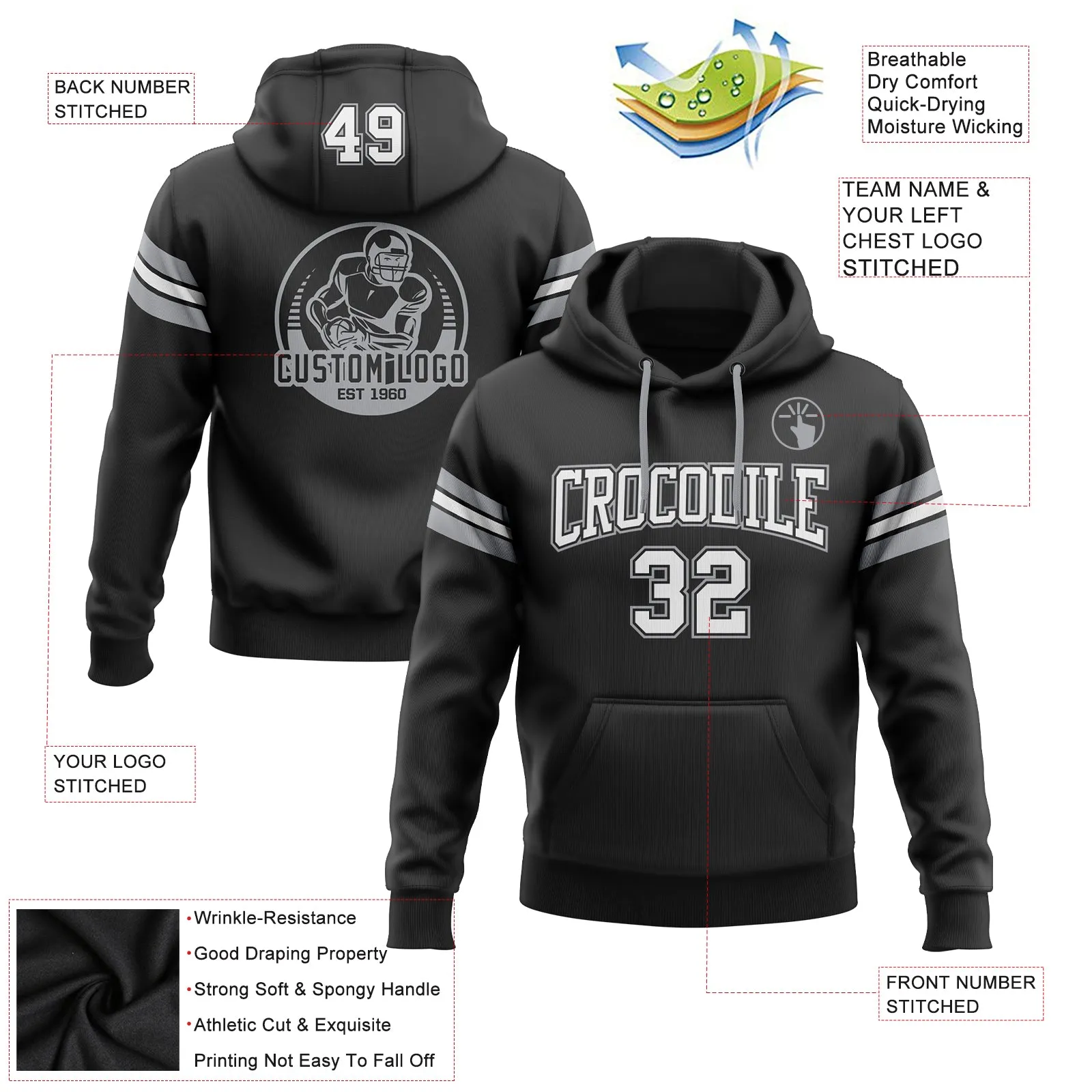 Custom Stitched Black White-Gray Football Pullover Sweatshirt Hoodie