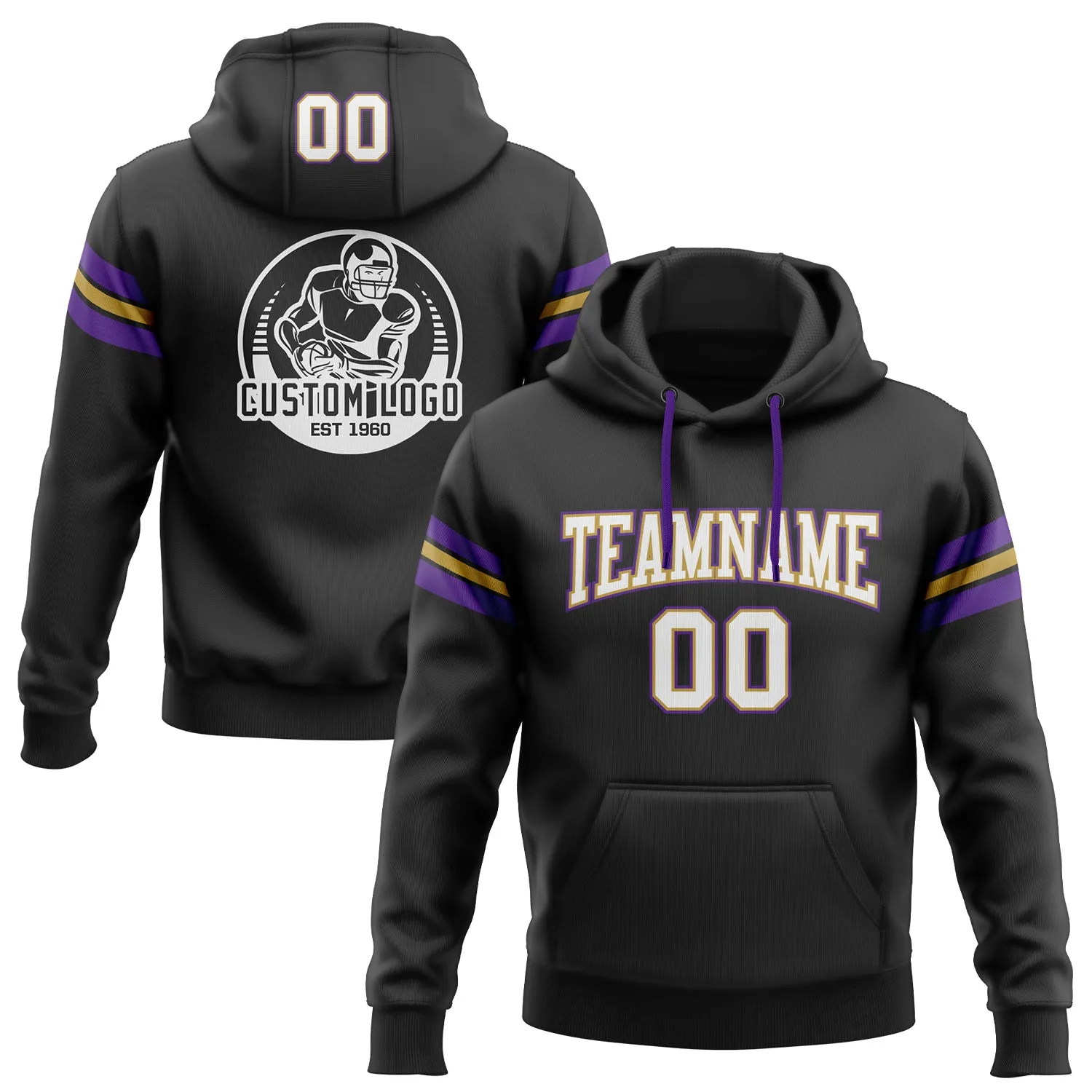 Custom Stitched Black White Old Gold-Purple Football Pullover Sweatshirt Hoodie