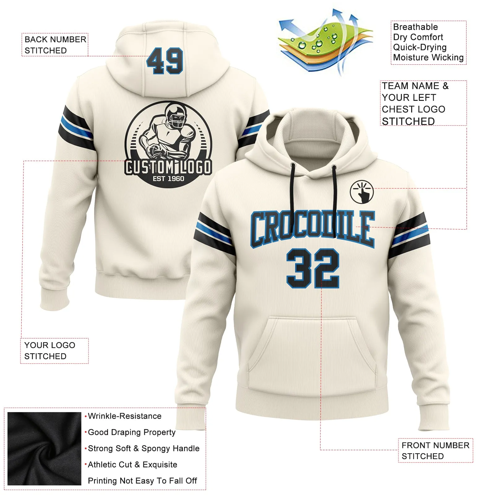 Custom Stitched Cream Black-Blue Football Pullover Sweatshirt Hoodie