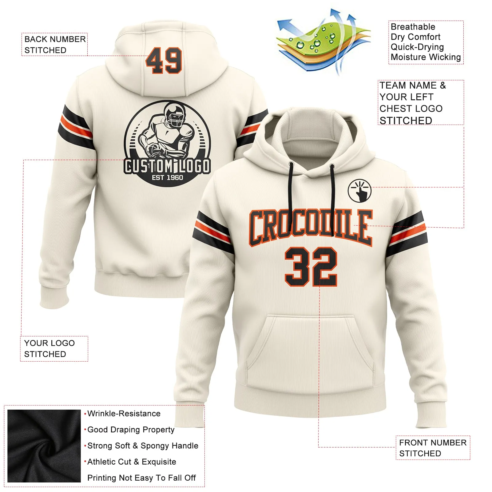 Custom Stitched Cream Black-Orange Football Pullover Sweatshirt Hoodie