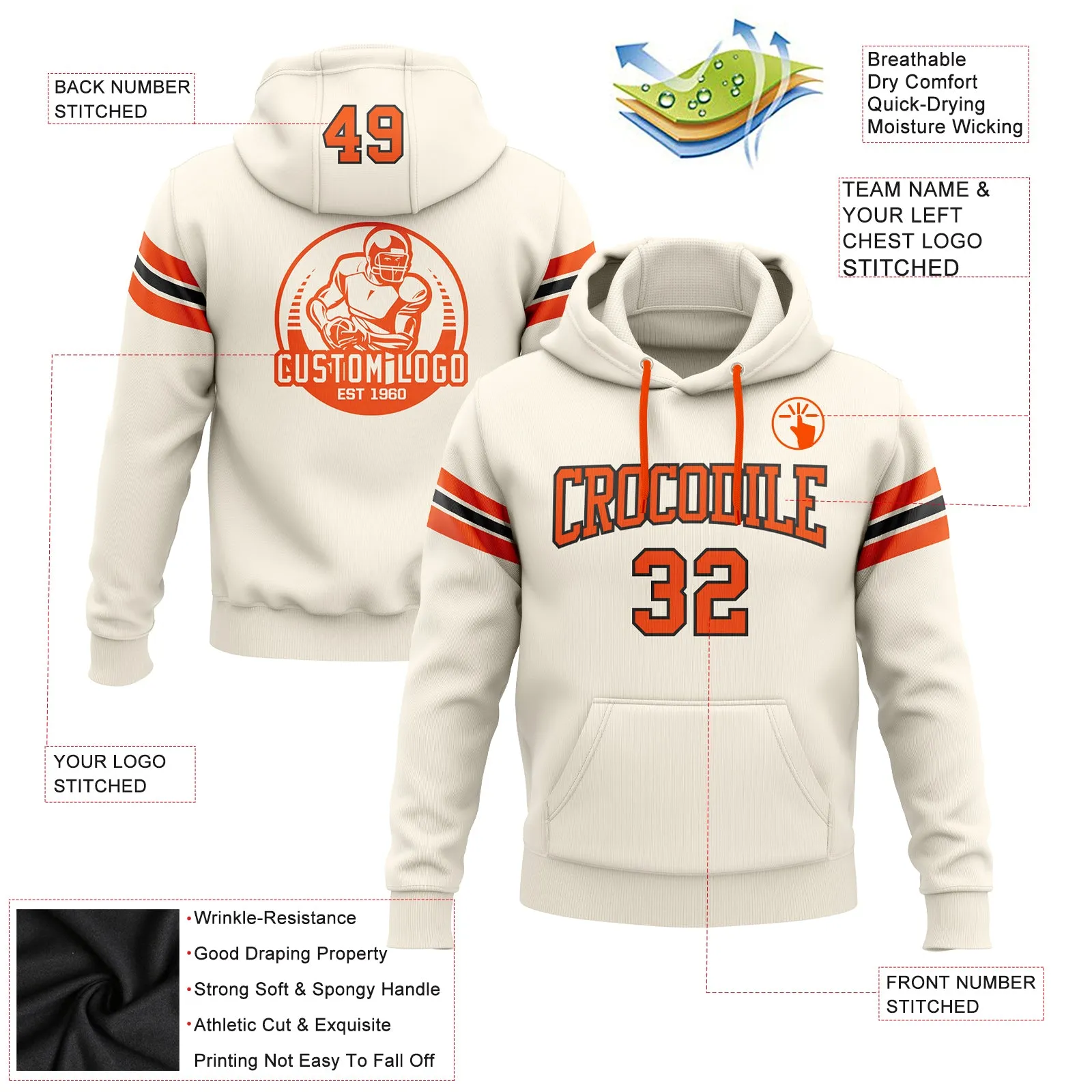 Custom Stitched Cream Orange-Black Football Pullover Sweatshirt Hoodie