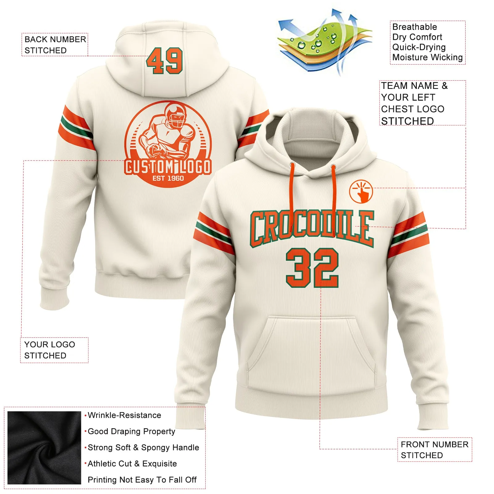 Custom Stitched Cream Orange-Kelly Green Football Pullover Sweatshirt Hoodie