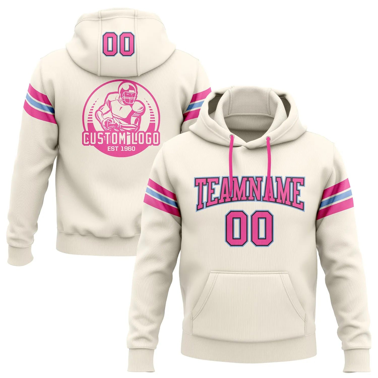 Custom Stitched Cream Pink Black-Light Blue Football Pullover Sweatshirt Hoodie