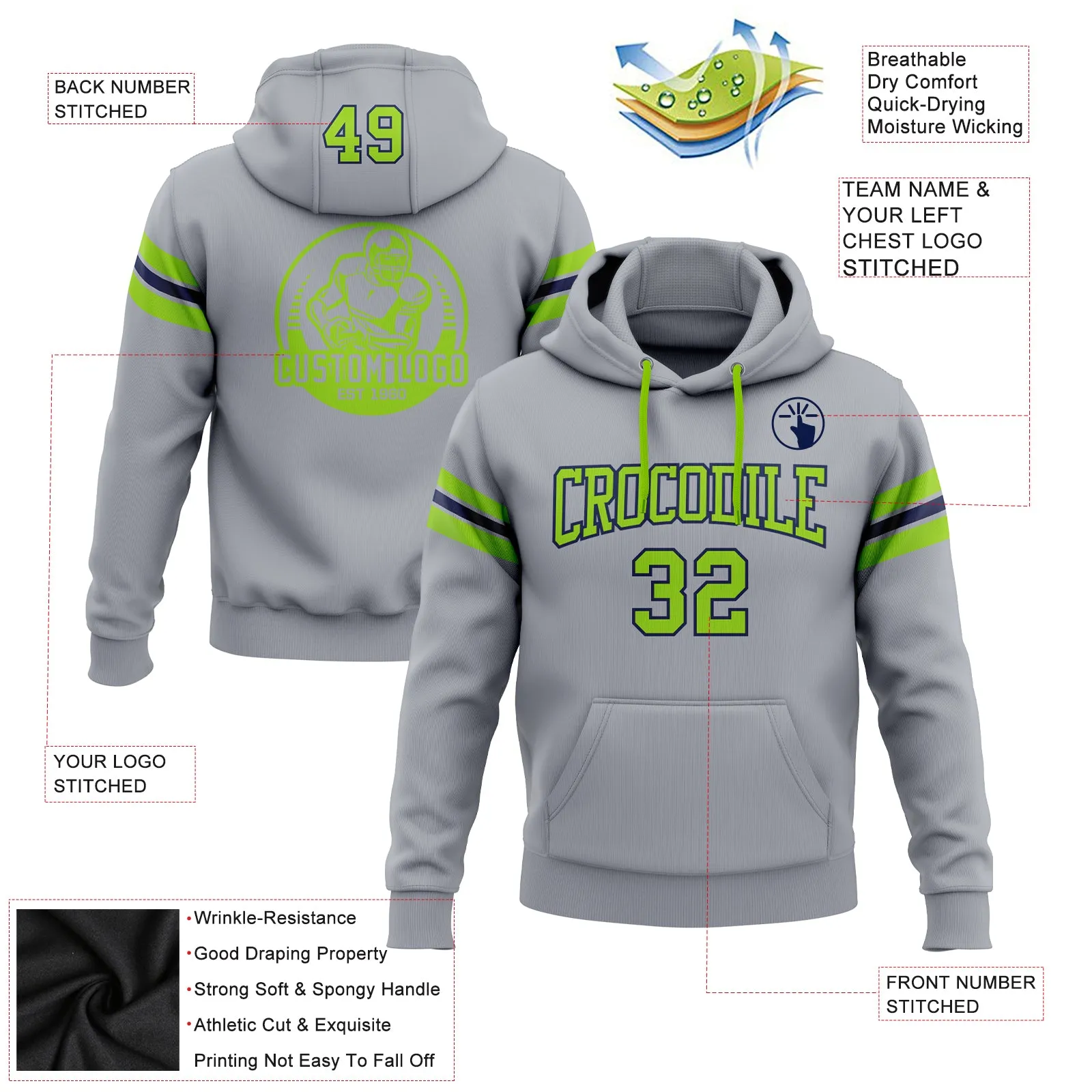 Custom Stitched Gray Neon Green-Navy Football Pullover Sweatshirt Hoodie