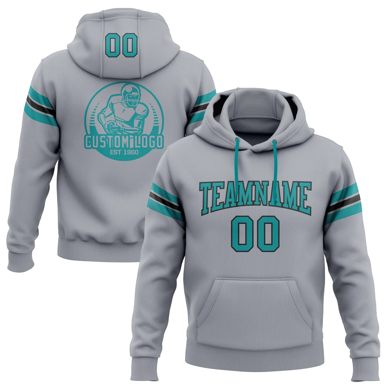 Custom Stitched Gray Teal-Black Football Pullover Sweatshirt Hoodie