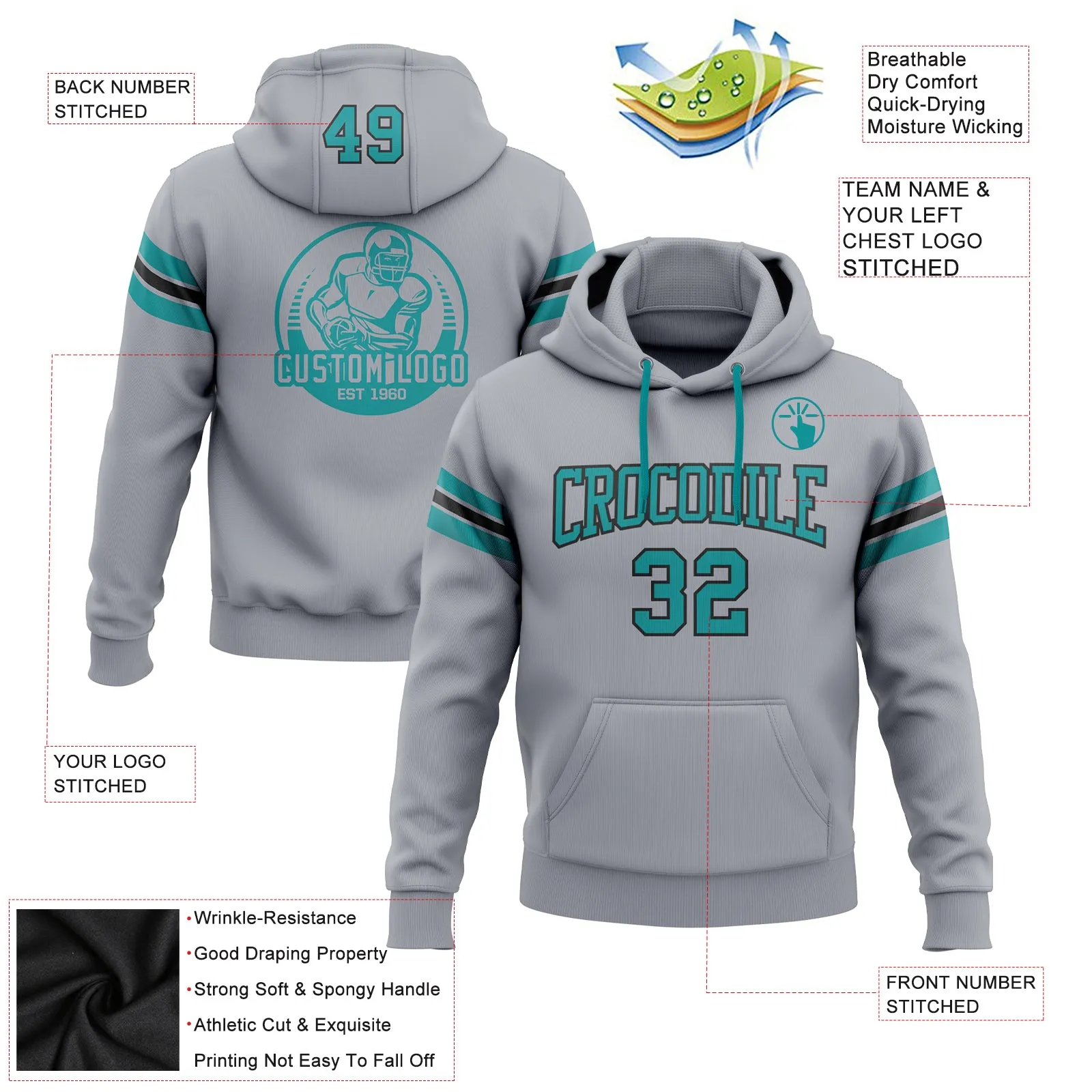 Custom Stitched Gray Teal-Black Football Pullover Sweatshirt Hoodie