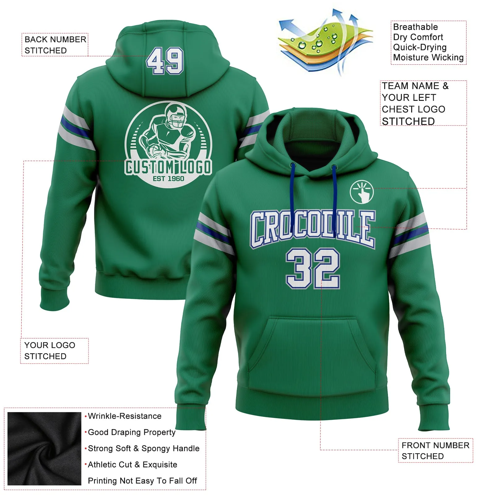 Custom Stitched Kelly Green White Royal-Gray Football Pullover Sweatshirt Hoodie