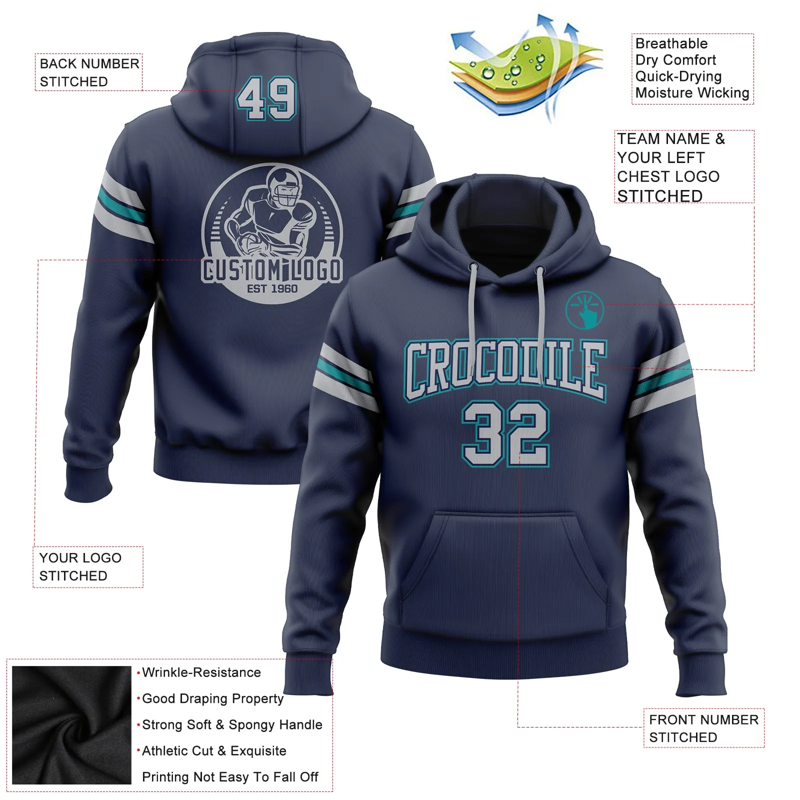 Custom Stitched Navy Gray-Teal Football Pullover Sweatshirt Hoodie