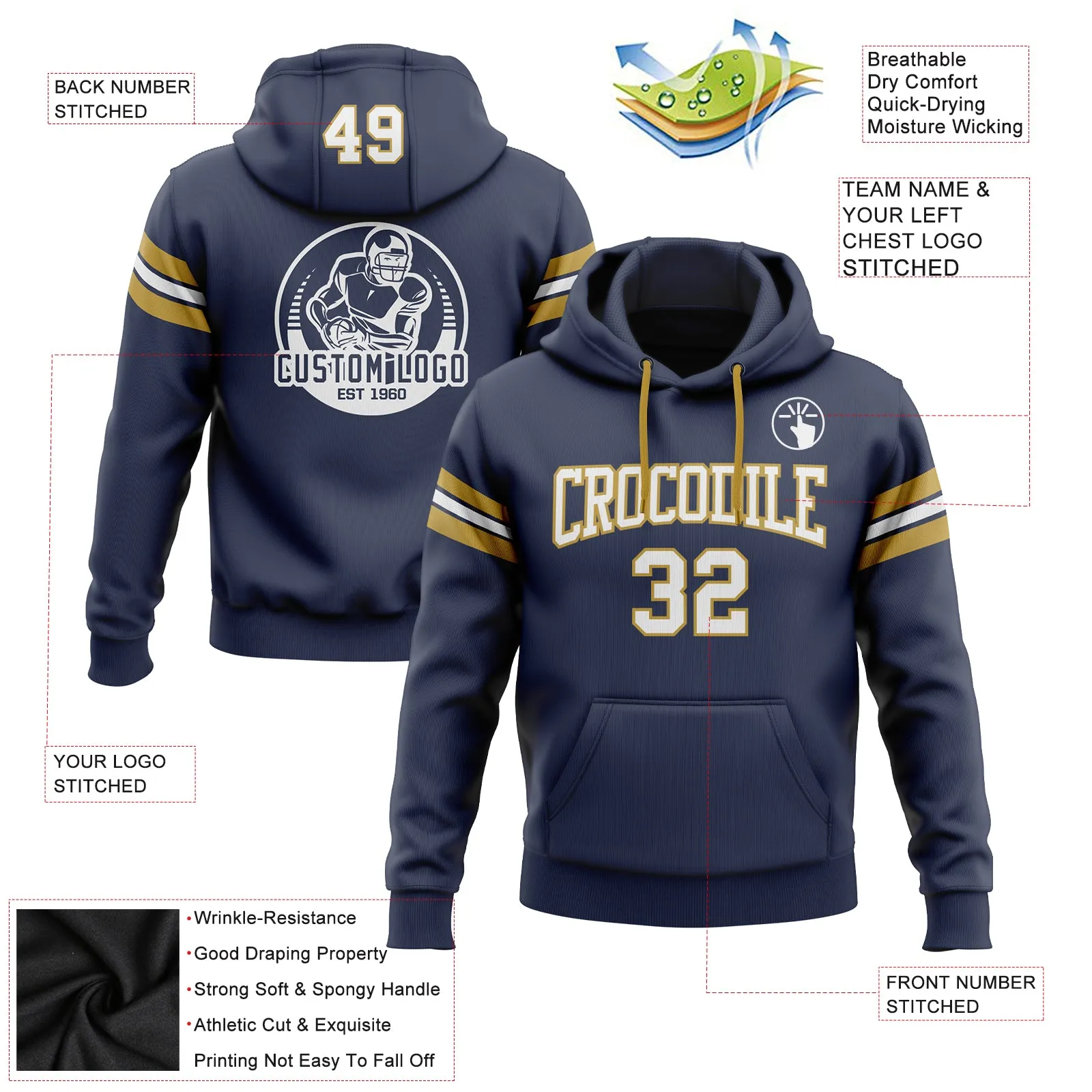 Custom Stitched Navy White-Old Gold Football Pullover Sweatshirt Hoodie