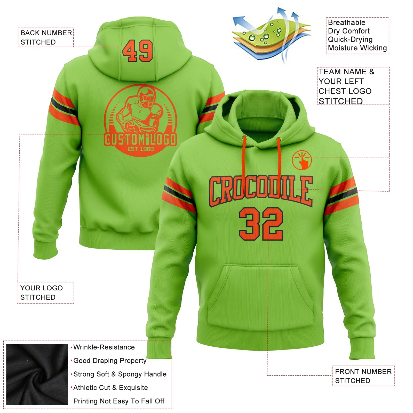 Custom Stitched Neon Green Orange-Black Football Pullover Sweatshirt Hoodie