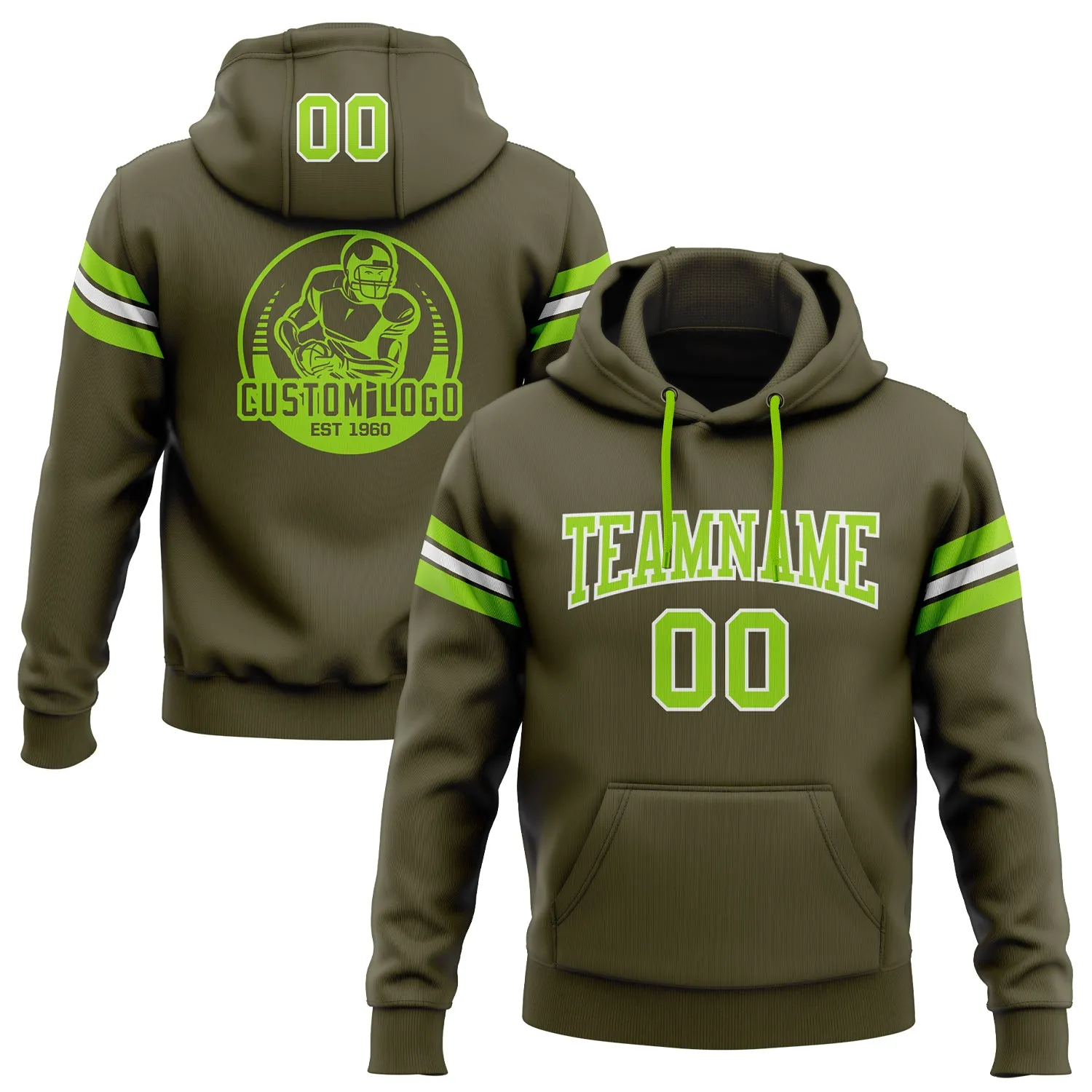 Custom Stitched Olive Neon Green-White Football Pullover Sweatshirt Salute To Service Hoodie