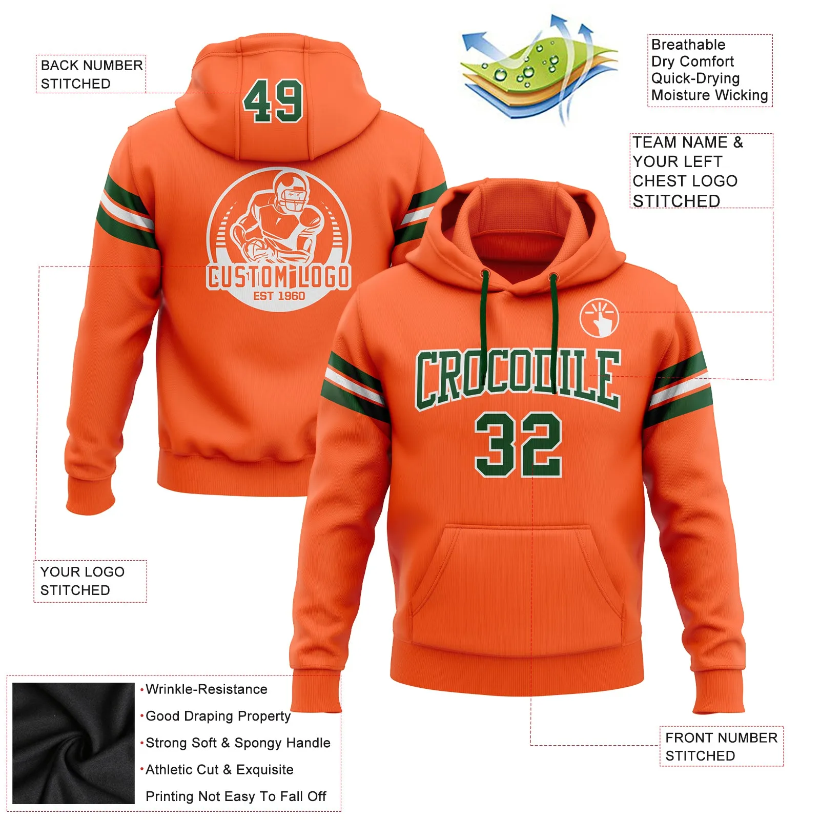 Custom Stitched Orange Green-White Football Pullover Sweatshirt Hoodie