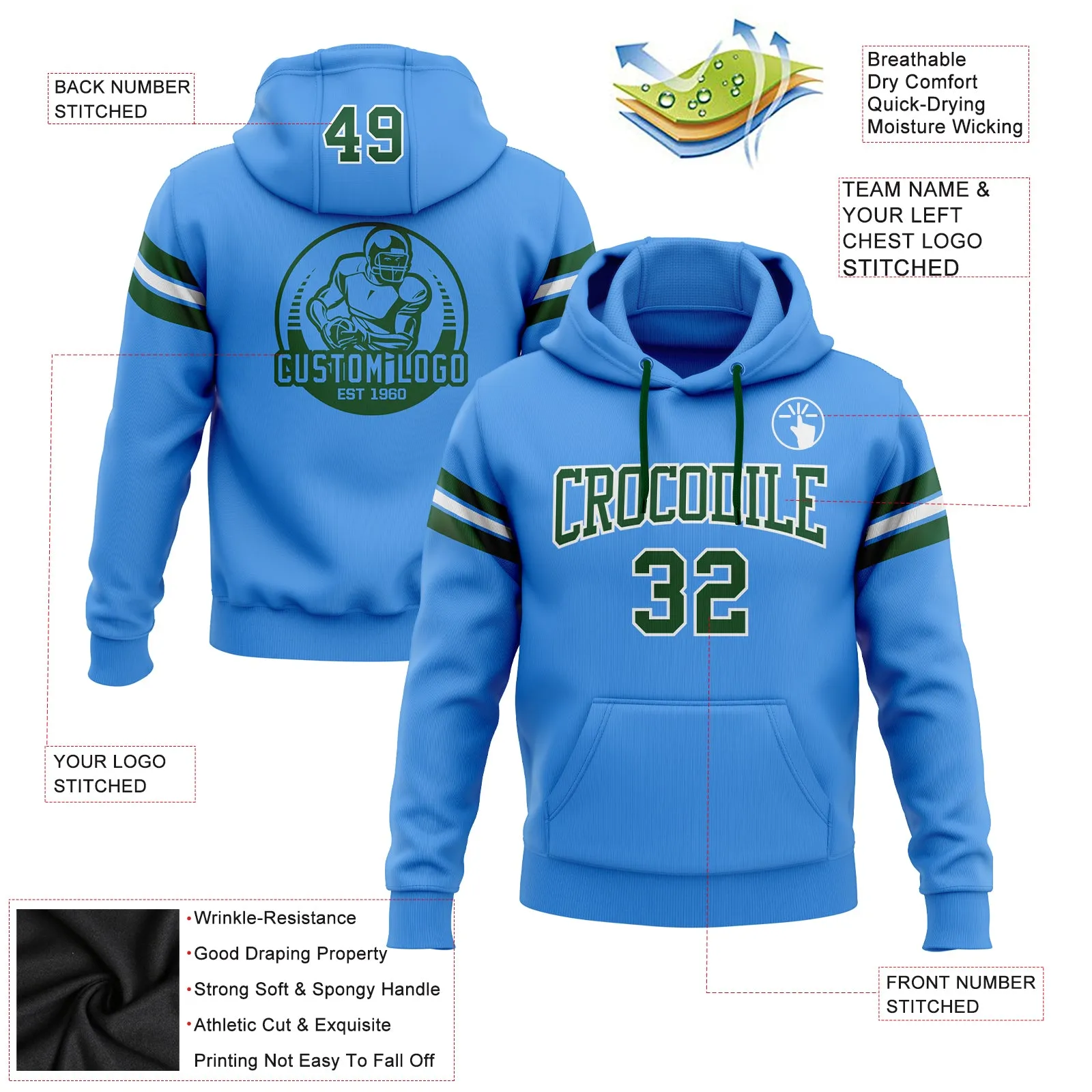 Custom Stitched Powder Blue Green-White Football Pullover Sweatshirt Hoodie