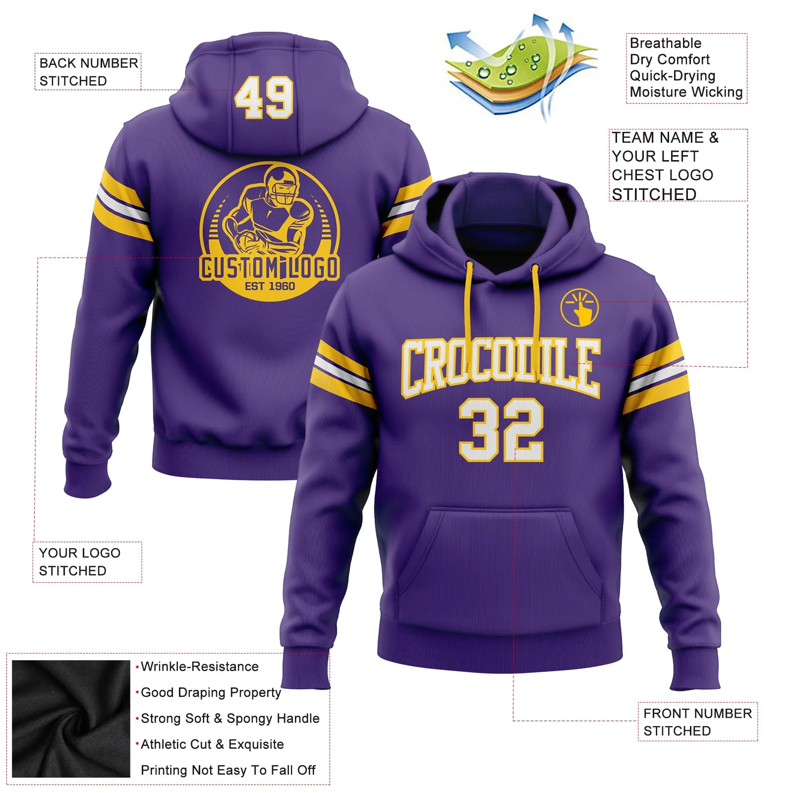 Custom Stitched Purple White-Gold Football Pullover Sweatshirt Hoodie