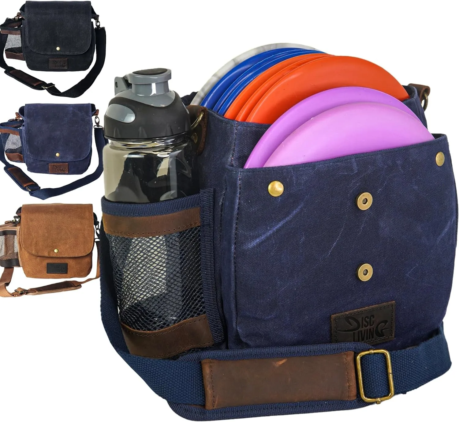 Disc Golf Bag | Frisbee Golf Bag | Easy to Carry | Lightweight Fits up to 10 Discs | 16 Oz Waxed Canvas Sturdy Design | Belt Loop | Double Button Design | Bottle Holder