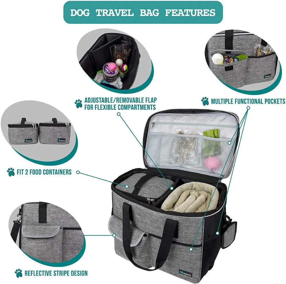 Dog Travel Bag, Travel Pet Bag Organizer, Dog Food Travel Bag with Food Container and Bowls, Dog Travel Supplies Gift Accessories for Weekend Camping, Dog Cat Diaper Bag (Grey, Large)