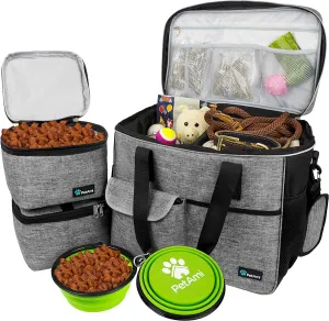 Dog Travel Bag, Travel Pet Bag Organizer, Dog Food Travel Bag with Food Container and Bowls, Dog Travel Supplies Gift Accessories for Weekend Camping, Dog Cat Diaper Bag (Grey, Large)