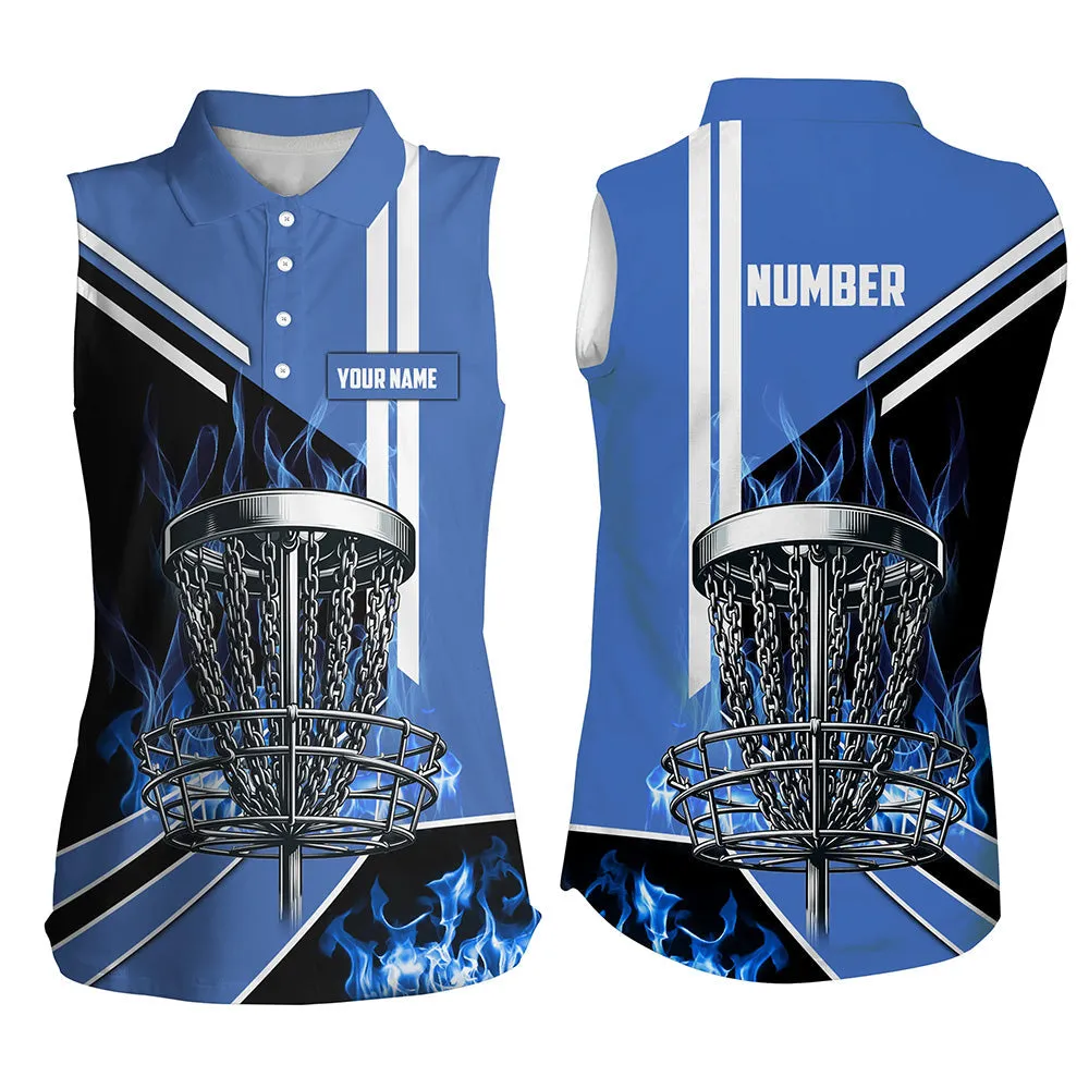 Women Disc Golf Polo Shirts Custom Blue Flame Disc Golf Basket Frisbee Golf Outfit, Disc Golf Apparel