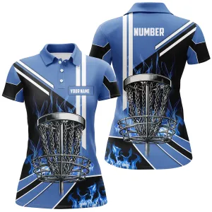 Women Disc Golf Polo Shirts Custom Blue Flame Disc Golf Basket Frisbee Golf Outfit, Disc Golf Apparel